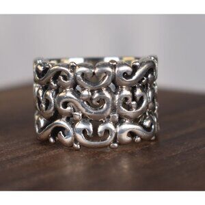 Vintage Sterling Silver 925 Ornate Wide Band Ring Intricate Scroll Design
